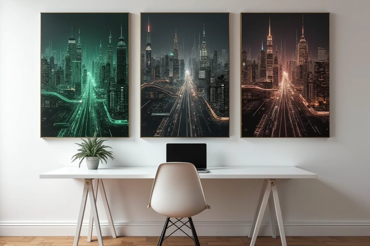 Triptyque de peintures futuristes aux motifs de circuits néon en vert émeraude et or rose au-dessus d'un bureau design moderne