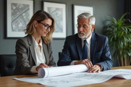 Femme et homme en réunion examinant des plans urbains