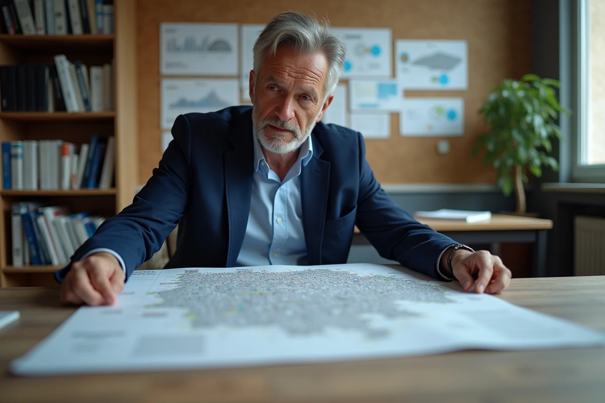 Urbaniste consultant une carte démographique de Marseille dans un bureau municipal pour analyser la croissance de la population