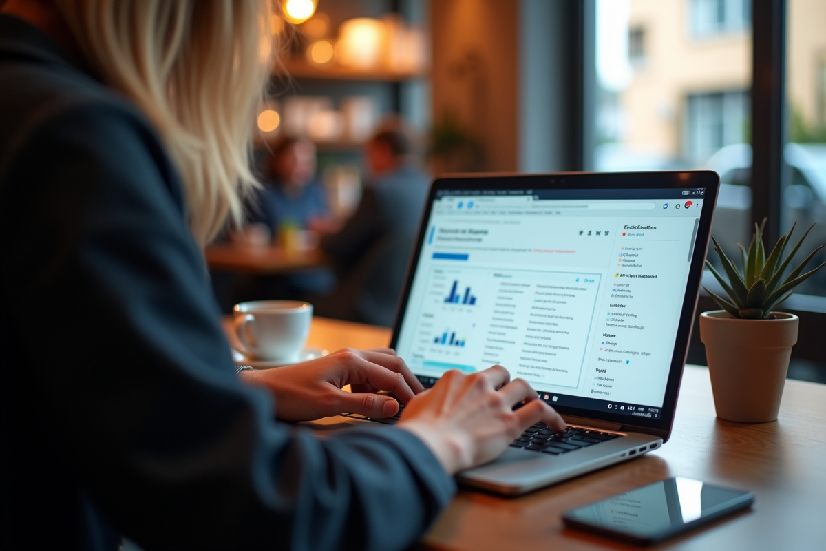 Personne utilisant un ordinateur portable dans un café avec interface email
