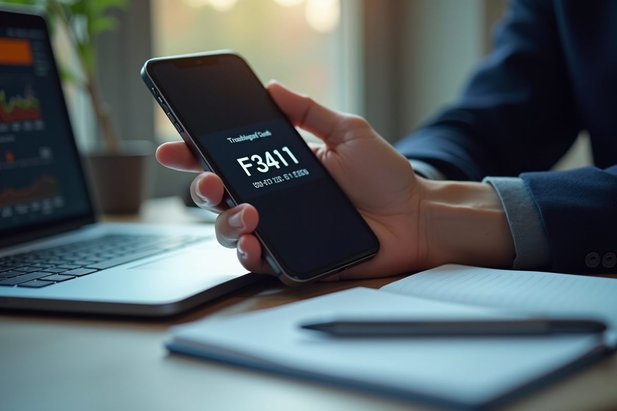 Main tenant un smartphone avec erreur F3411 sur un bureau lumineux