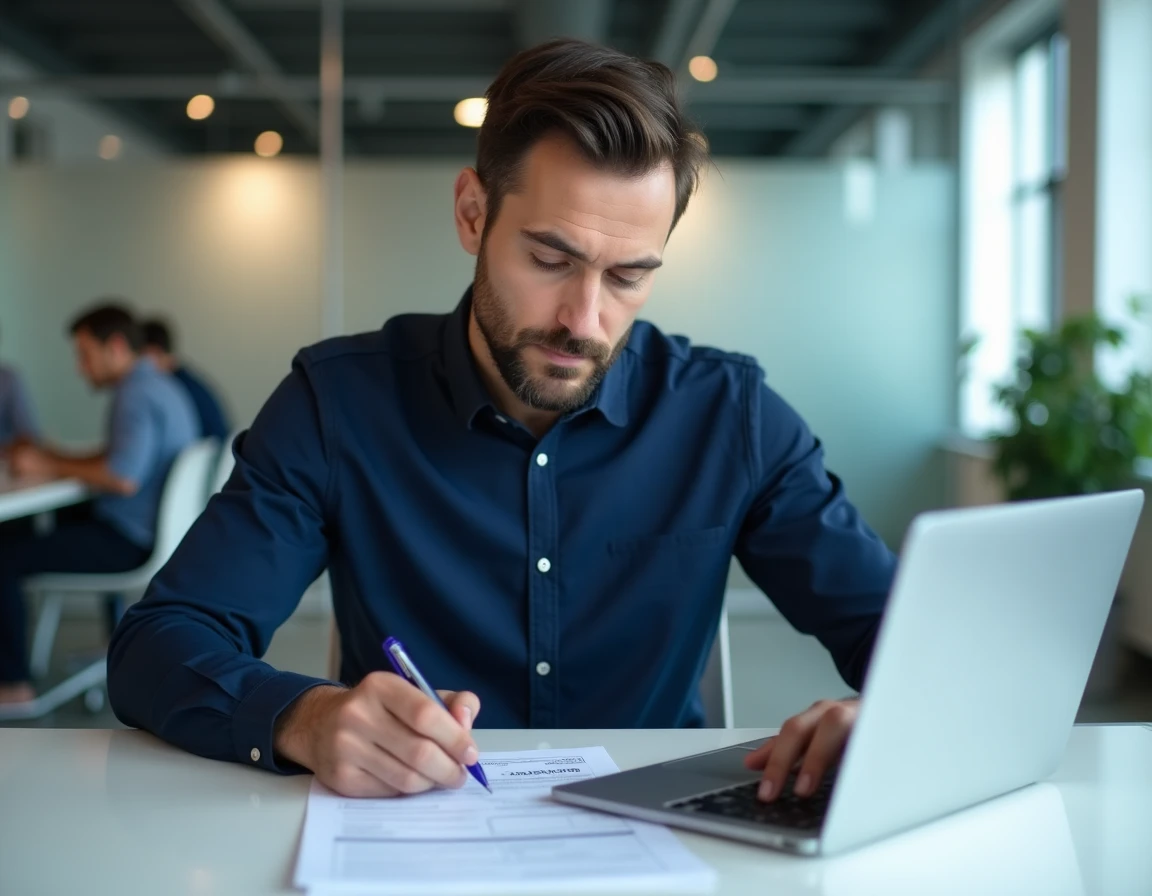 Homme vérifiant la rédaction d'un montant en lettres sur un formulaire bancaire dans un bureau moderne