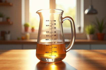 Verre mesureur rempli à 100 cl sur plan de cuisine ensoleille