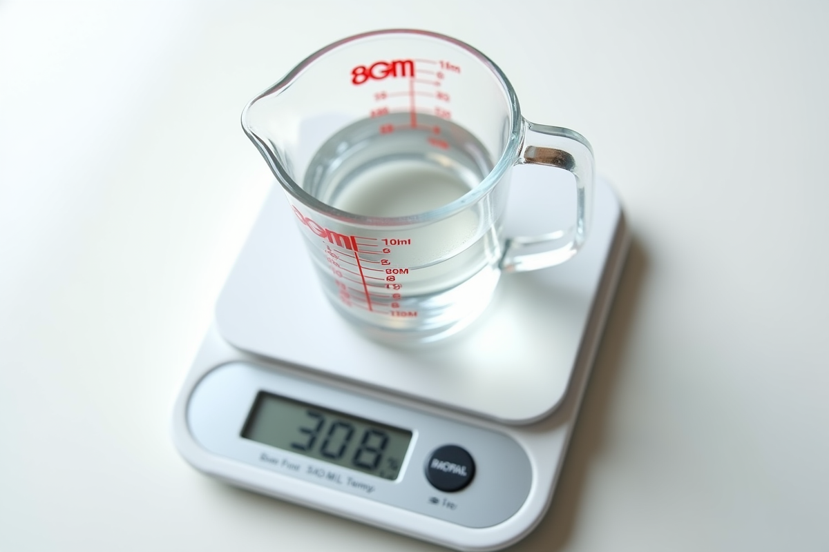 Verre mesure eau 300ml sur balance cuisine