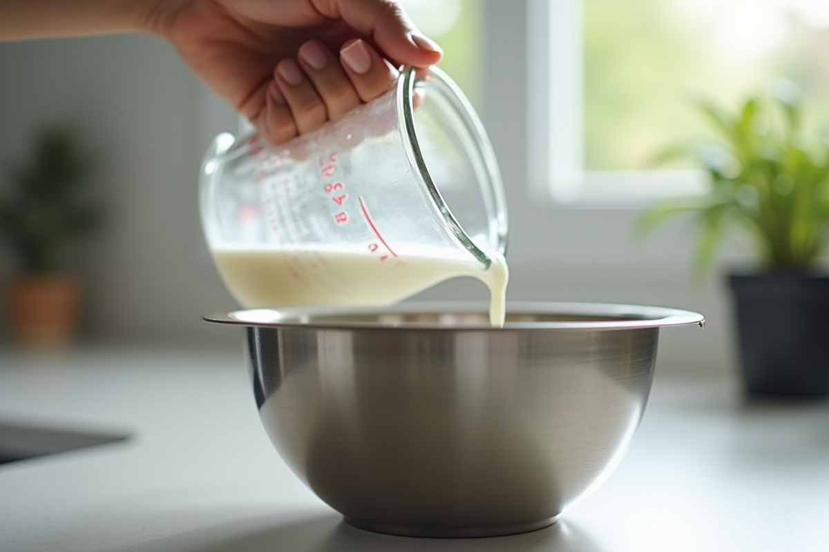Main versant lait 300ml dans bol inox cuisine