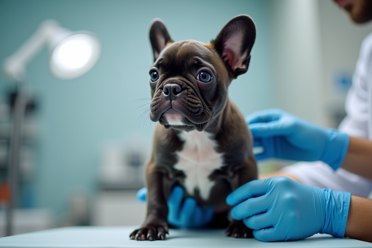 Vétérinaire examinant un chiot bulldog francais