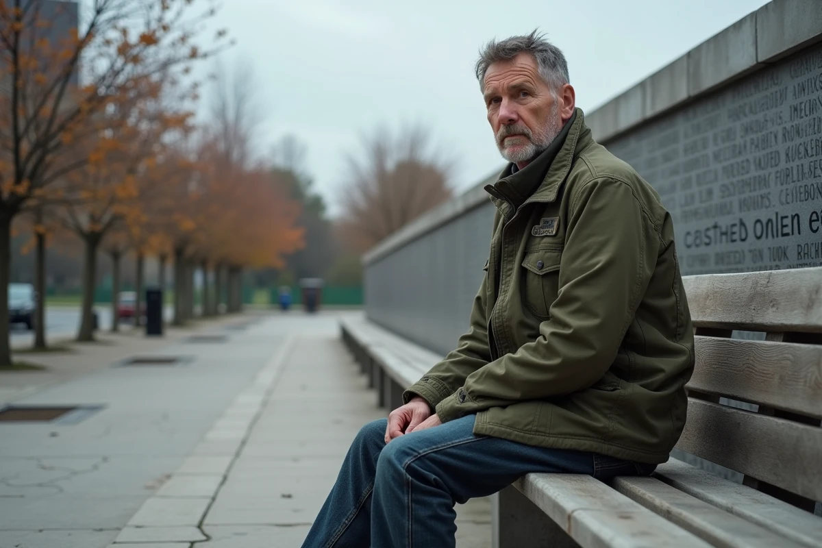 Vétéran américain assis devant un mémorial de guerre, réfléchissant au lien entre la destinée manifeste et les conflits modernes