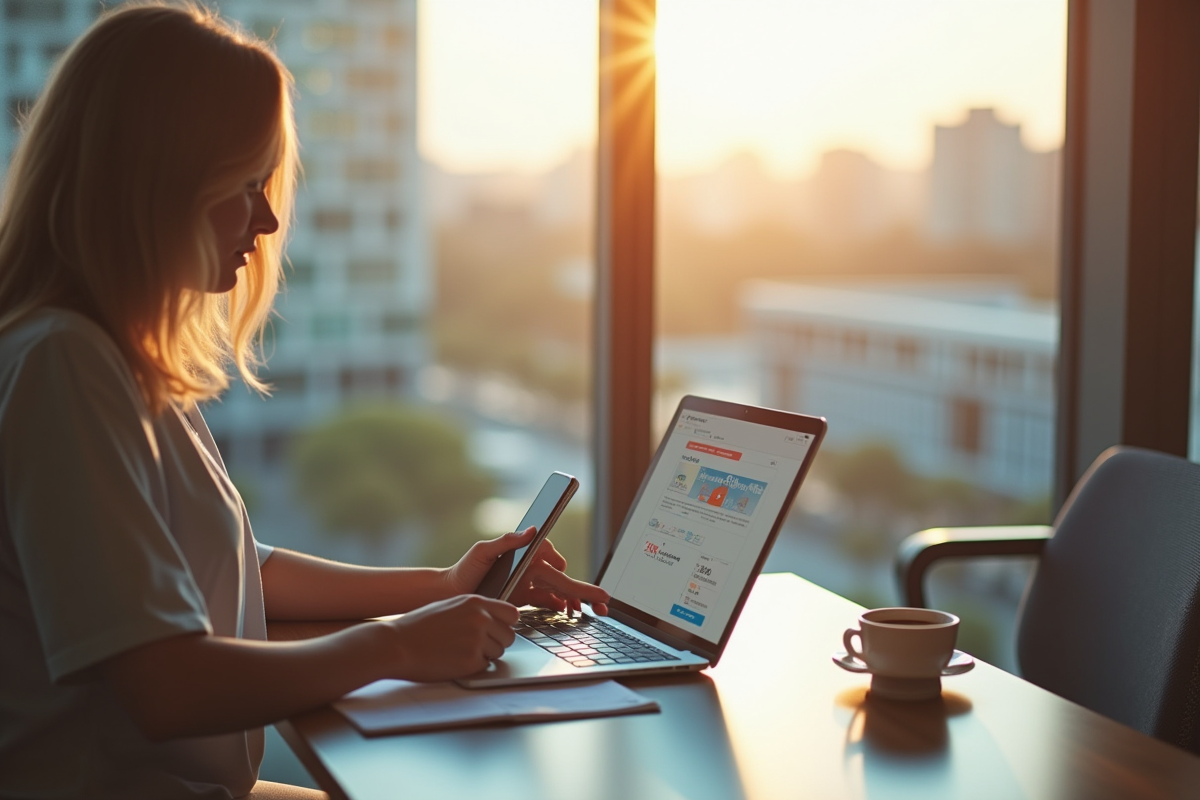 Voyageur comparant vols et hotels sur ordinateur et smartphone