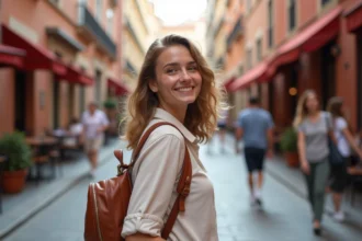 Voyageuse avec sac à dos dans une rue animée de Toulouse aux façades en briques roses