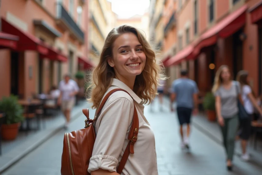 Voyageuse avec sac à dos dans une rue animée de Toulouse aux façades en briques roses