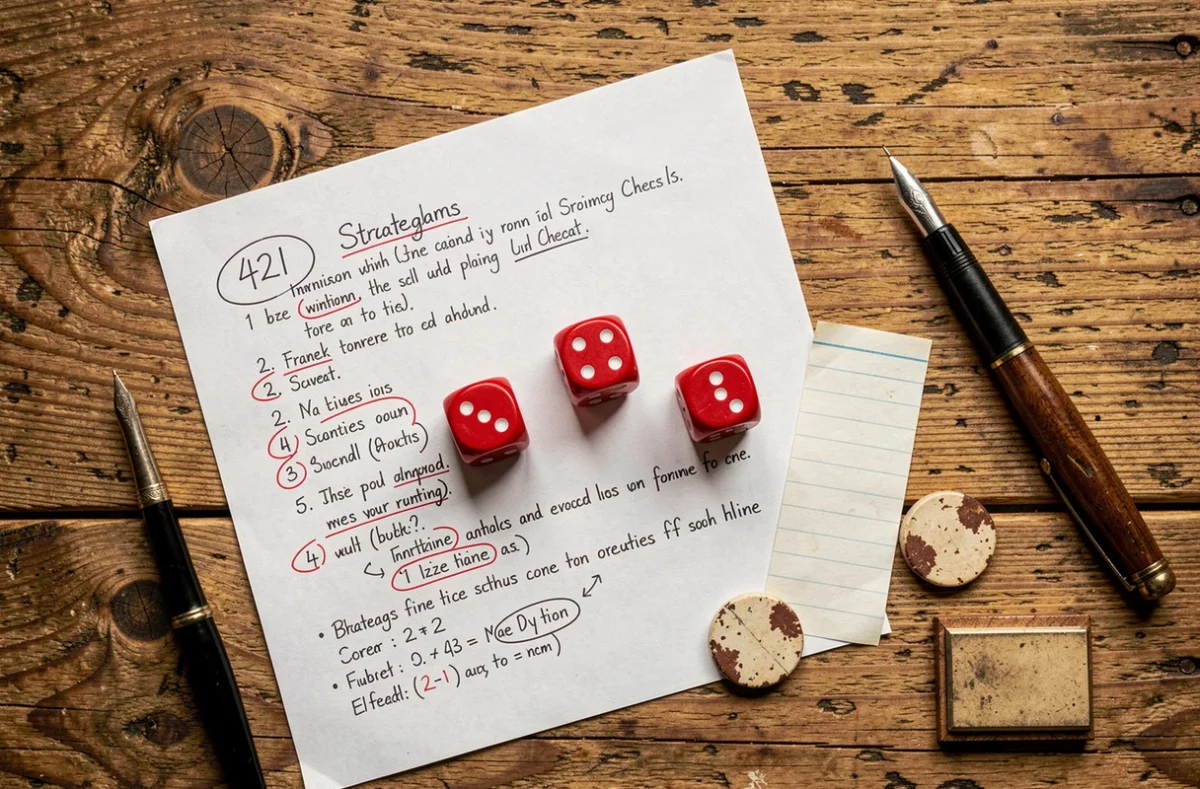 Vue de dessus d'une mise en scène du jeu 421 avec dés combinaison gagnante, feuille d'astuces manuscrite et matériel de jeu