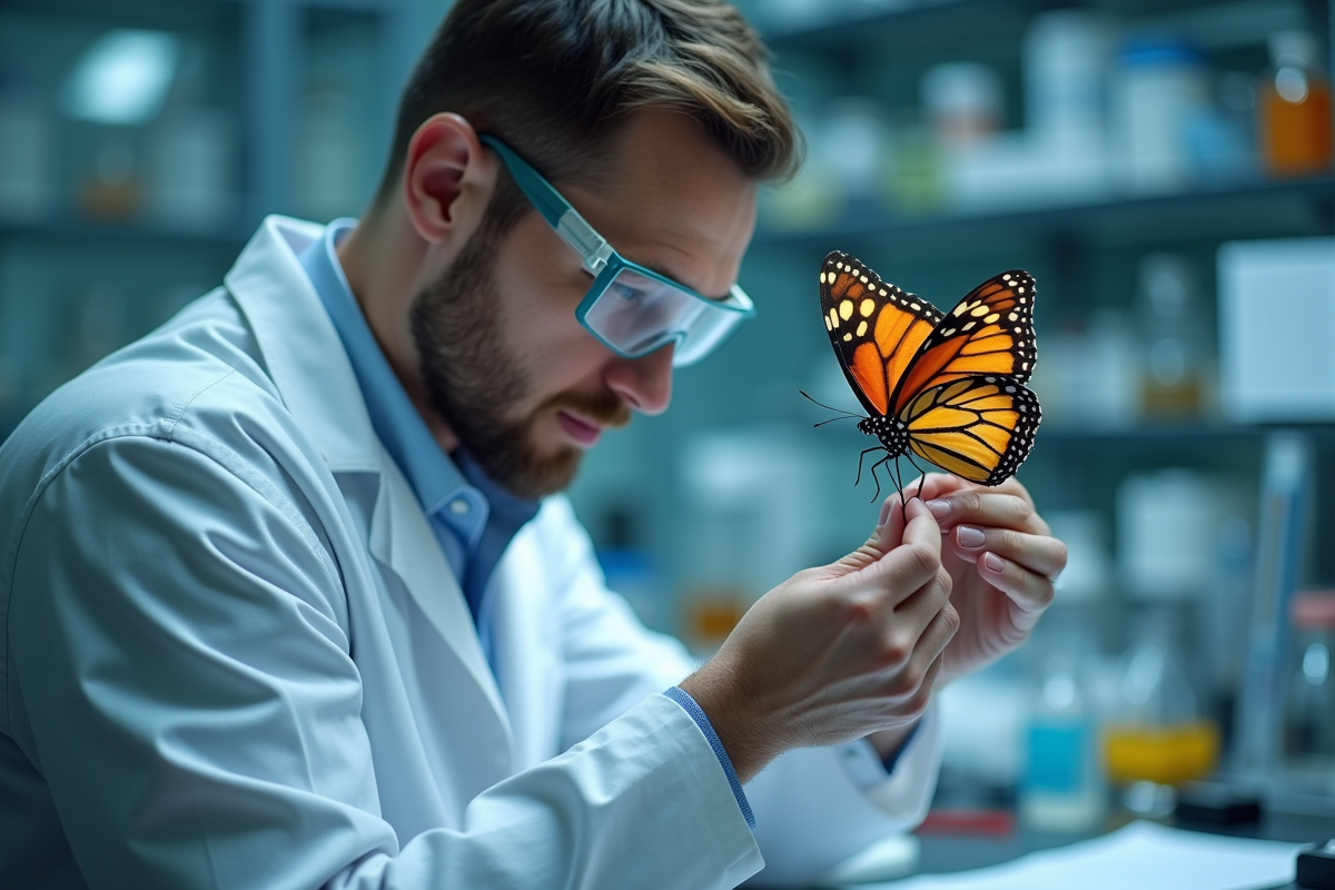 Zoologiste examinant un papillon en laboratoire